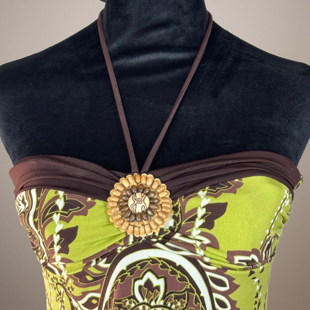Vintage City Triangles Green Paisley Strapless Halter Tank with Brown Trim - Picture 2 of 13